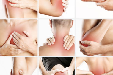 Collage of a young man with multiple body areas highlighted in red to symbolise widespread pain associated with fibromyalgia.
