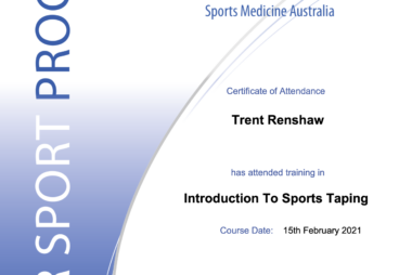Certificate of Attendance in Introduction to Sports Taping from Sports Medicine Australia Safer Sport Program awarded to Trent Renshaw.
