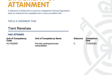 Royal Life Saving NSW Certificate of Attainment in HLTAID009 Provide cardiopulmonary resuscitation awarded to Trent Renshaw.