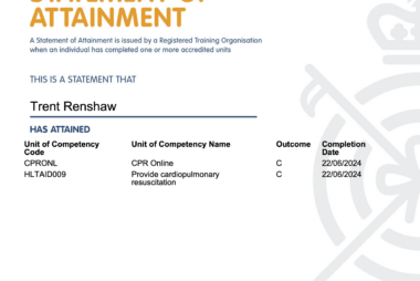 Royal Life Saving NSW Certificate of Attainment in HLTAID009 Provide cardiopulmonary resuscitation awarded to Trent Renshaw.