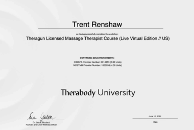 Certificate of Completion in Theragun Licensed Massage Therapist Course from Therabody University awarded to Trent Renshaw.