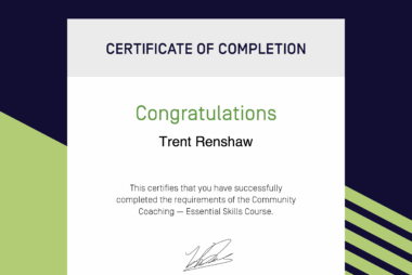 Certificate of completion for the Community Coaching – Essential Skills course awarded to Trent Renshaw.