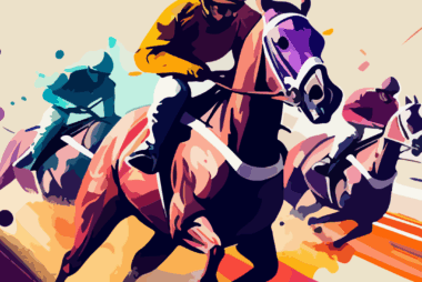 Stylised illustration of three male jockeys racing horses at full gallop for the Coffs Cup 2023.