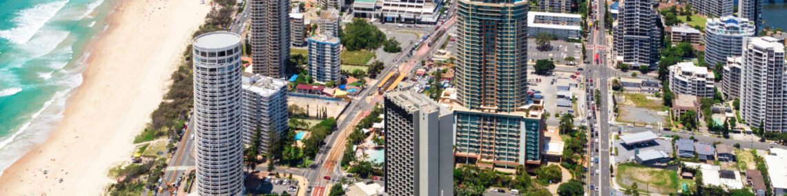 Vertical aerial view of Surfers Paradise on the Gold Coast on a sunny day.