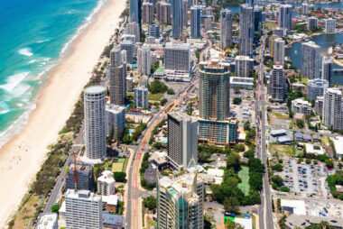Vertical aerial view of Surfers Paradise on the Gold Coast on a sunny day.