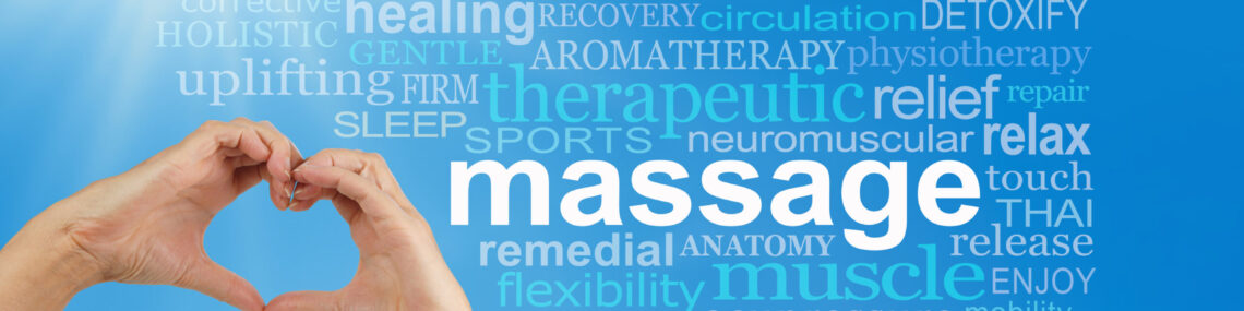 Hands forming a heart shape around a word cloud with “massage” at the centre, surrounded by related words.