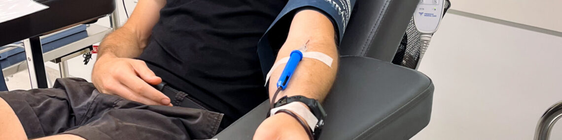 Trent Renshaw donating blood at the Red Cross LifeBlood donor centre in Coffs Harbour.