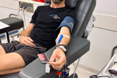 Trent Renshaw donating blood at the Red Cross LifeBlood donor centre in Coffs Harbour.