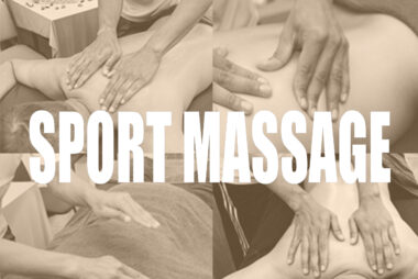 Sepia collage of four images showing a male sports massage therapist applying different massage techniques to a male athlete lying face down.