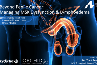 Promotional graphic for the Beyond Penile Cancer virtual presentation on managing musculoskeletal dysfunction and lymphoedema, featuring Trent Renshaw, accredited lymphoedema and men’s health practitioner.
