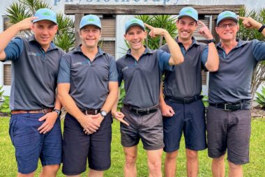 Coffs Coast Sports Physiotherapy team wearing ‘Check Yourself’ caps during Men’s Health Week 2025 to promote testicular cancer awareness.