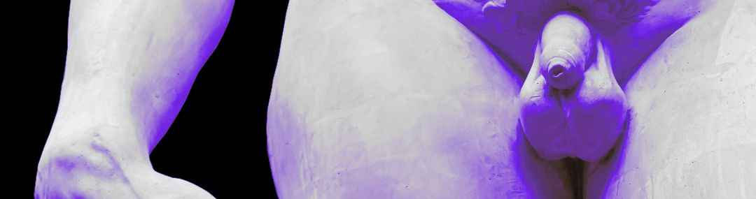 Stylised purple-toned close-up of Michelangelo’s “David” statue showing penis and testicles, used in a Testicular Cancer Awareness Month 2025 campaign highlighting survivorship and post-treatment