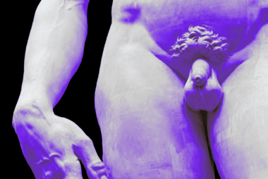 Stylised purple-toned close-up of Michelangelo’s “David” statue showing penis and testicles, used in a Testicular Cancer Awareness Month 2025 campaign highlighting survivorship and post-treatment