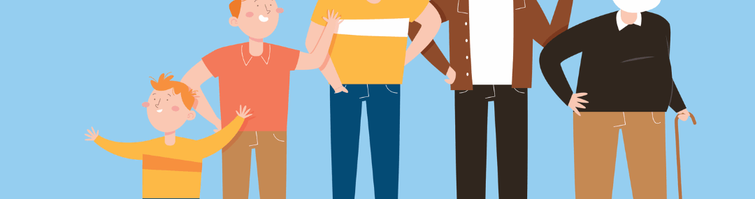 Illustration showing the same male figure across life stages — toddler, child, adolescent, adult, middle-aged, and senior — symbolising men’s health needs from beginning to end of life.