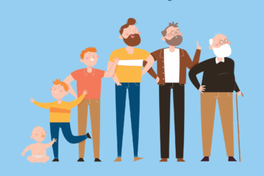 Illustration showing the same male figure across life stages — toddler, child, adolescent, adult, middle-aged, and senior — symbolising men’s health needs from beginning to end of life.