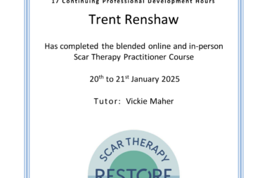 Certificate of attendance awarded to Trent Renshaw for completing the Restore Scar Therapy Practitioner Course, including 17 hours of continuing professional development.