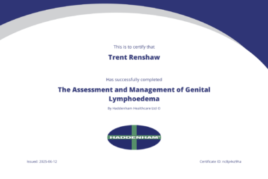 Certificate awarded to Trent Renshaw for completing The Assessment and Management of Genital Lymphoedema from Haddenham Healthcare.